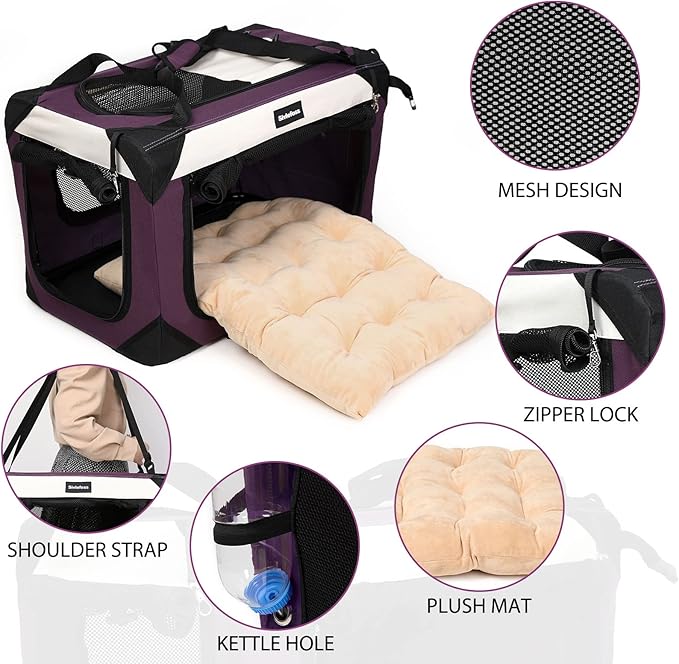 Large Cat Carrier, Collapsible Dog Travel Crate Portable Soft-Sided Pet Carrier with Super Soft Warm Plush Mat for Indoor and Outdoor 20x14x14in,Purple
