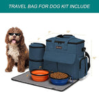 Modoker Dog Travel Bag, Weekend Pet Travel Set for Dog and Cat, Airline Approved Tote Organizer with Multi-Function Pockets, 2 Food Storage Containers, 2 Collapsible Bowls, 1 Feeding Mat (Blue)
