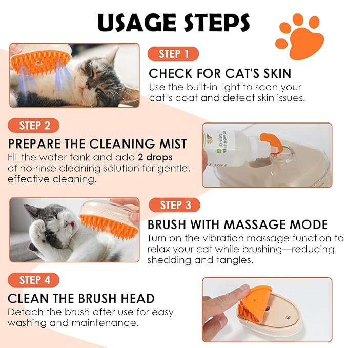 Pet Steam Brush for Dog & Cat, 5-In-1 Spray Comb for Hair Removal Deshedding & Grooming, Vibration Massage Hair Remover for Long & Short Pets Includes Rinse-Free Shampoo & Skin Checking Light