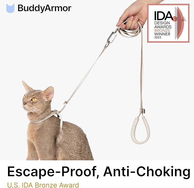 Cat Harness and Leash Set, Lightweight Escape Proof Cat Harness Leash with Padded Handle, Adjustable Cat Leash and Harness for Kitten Small Large Cats Walking Training (Linen, L)