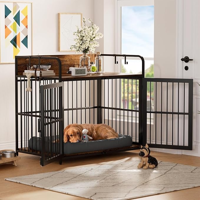 Dog Crate Furniture, 48" Heavy Duty Wooden Dog Crate End Table, XL Dog Kennel Furniture Large Breed, Decorative Dog Kennel Indoor, Double-Door Dog House