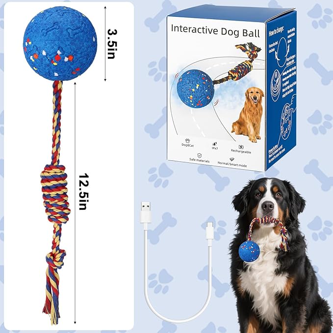 BABORUI Interactive Dog Toys Ball with Rope Tail, E-TPU Automatic Interactive Dog Toys for Aggressive Chewers, Indestructible Dogs Ball for Small/Medium/Large Dogs Indoor/Outdoor to Keep Them Busy