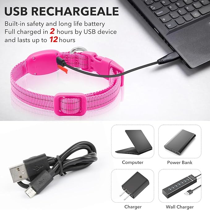 Illumifun Small LED Dog Collar, USB Rechargeable Light Up Dog Collar, Adjustable Safety Collar Light for Small Dogs Cats Glow in The Dark (Pink, X-Small)