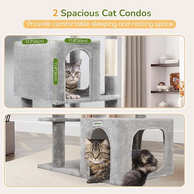 Globlazer Expandable Cat Tree Tower, 70in Tall Sturdy Cat Tree for Indoor Cats Large Adult with 2 Spacious Cat Condos, 2 Enlarged Perches, 5 Scratching Posts, Use Alone or Combine, F70E, Light Grey