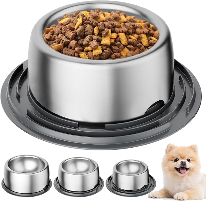 304 Stainless Steel Dog Bowls, Heavy Duty Dog Food Bowl with Extra Strong Non-Slip Mat, Thick Metal Base Water Bowl with Lick Mat for Puppies & Cats, Indoor/Outdoor (8.5 oz)