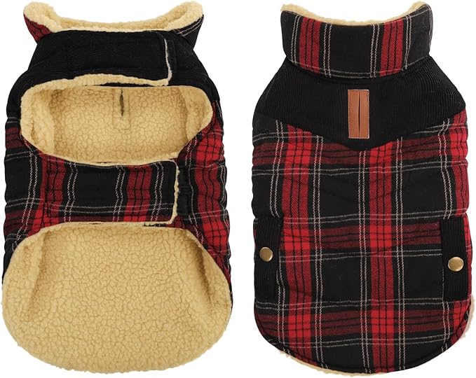 Queenmore Dog Winter Coat Warm Dog Jacket for Cold Weather, Quilting Puffer Plaid Coats for Small/Medium Dogs Waterproof,Girl/Boy Pet Christmas Coat,Pet Snowsuit with Leash Hole/Fleece Padding, M