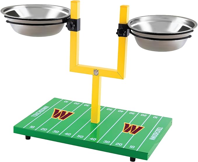 NFL Washington Commanders Goalpost Football Field Dog Feeder – Adjustable Elevated Dog Bowls with Stand, 2 Stainless Steel Bowls, Non-Slip Rubber Feet, Raised Pet Feeder for Large & Small Dogs, Cats.