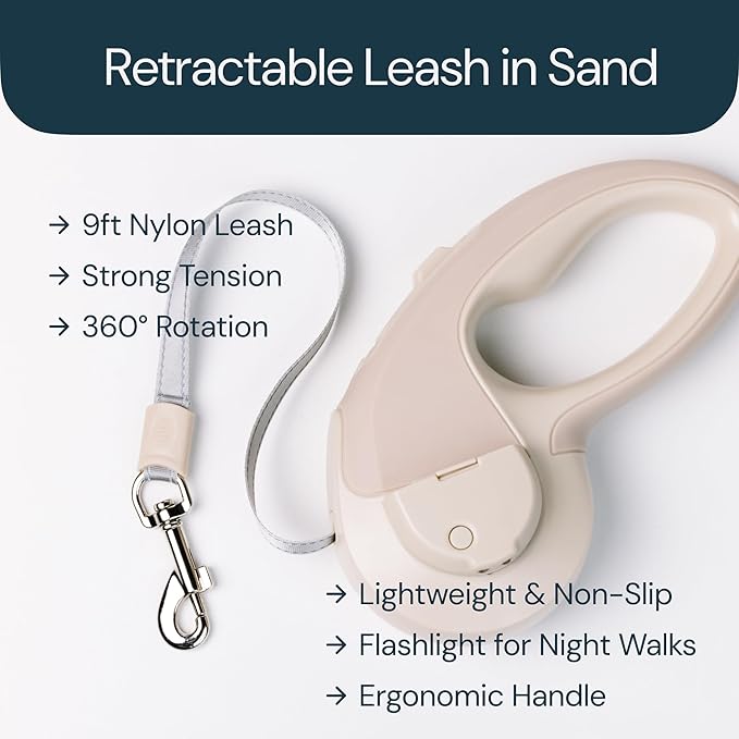 MalsiPree Walking Set with Retractable Dog Leash, Poop Bag Holder, Leak Proof 12 Oz Dog Water Bottle, Flashlight & 20 Poop Bags - 9.8ft Leash Retractable for Small to Medium Pet (Sand & Teal, 12 Oz)