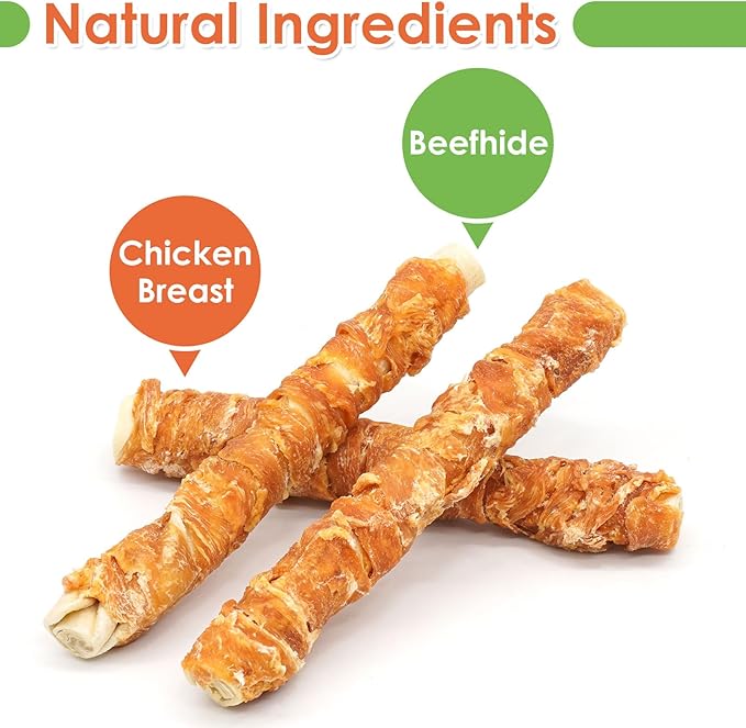 MON2SUN Dog Treats, 9 Inch Chicken Wrapped Rawhide Rolls Snacks, Teeth Cleaning and Long Lasting Chews for Medium and Large Dogs, 23.28oz (6 Count-Pack of 1)