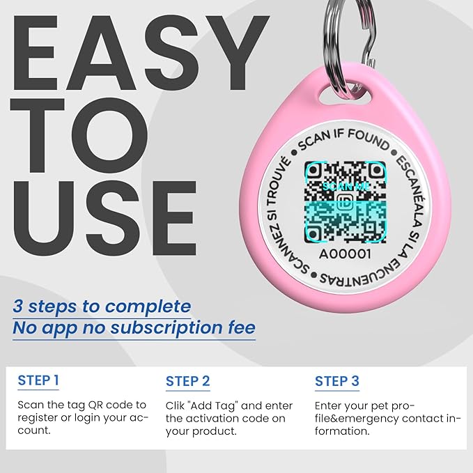Dog Tags Personalized, QR Code Pet ID Tags for Dog Collar, Online Profile, Scan Location Alerts, Pink