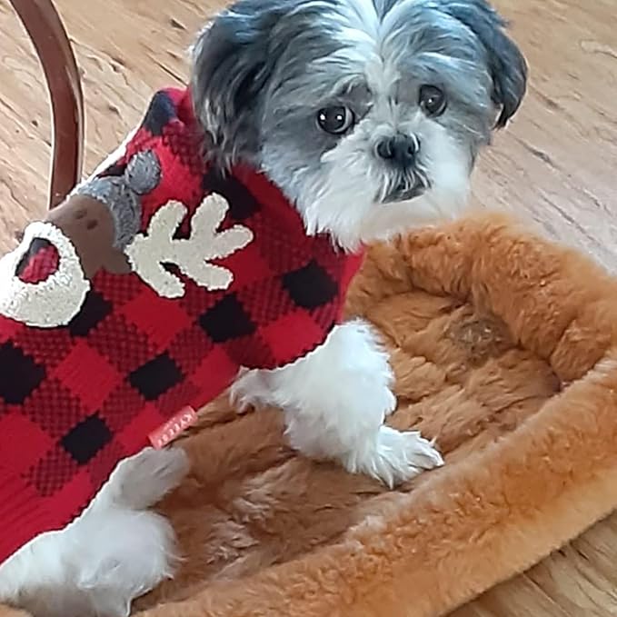 KYEESE Dog Christmas Sweater With Leash Hole - Red Buffalo Check Reindeer Pet Outfit, L