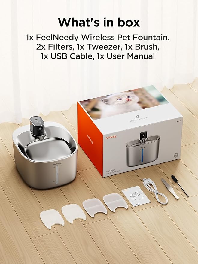 Wireless Cat Water Fountain Stainless Steel with Sensor, 4000mAh Battery Operated, 4L/135fl oz Pet Water Fountain for Cats Dogs, Ultra Quiet Cat Drinking Fountain with 2 Filters (YPD-C004S)