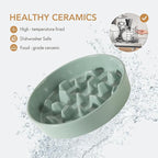 9.5inch Ceramic Dog Raised Slow Feeder Set, Elevated Bowl with Wooden Stand for Large Dog, Slow Feeder Dish for Fast Easters, Stop Bloat(Light Green, Single Bowl+ Stand)