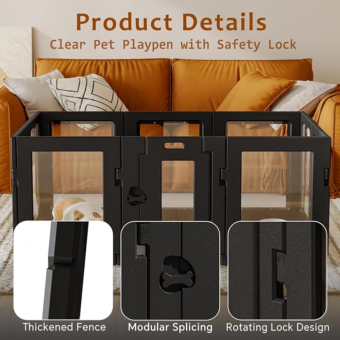 Clear Acrylic Dog Playpen with Door, Puppy Playpen for Indoor Use with Heavy Duty Door Lock, Easy Assemble Pet Pen Fence for Small Dogs and Puppies (Black, 24 in-H, 10 Panel)