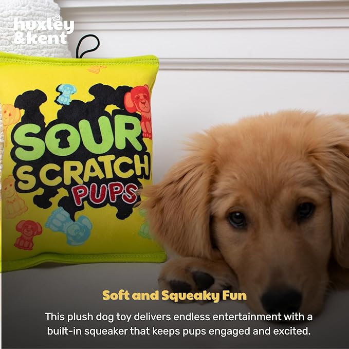 Huxley & Kent Funny Dog Toy w/Squeaker – Power Plush Squeaky Dog Toys for Small, Medium & Large Dogs – Soft Stuffed Animal for Indoor Play & Fetch - Sour Scratch, Small