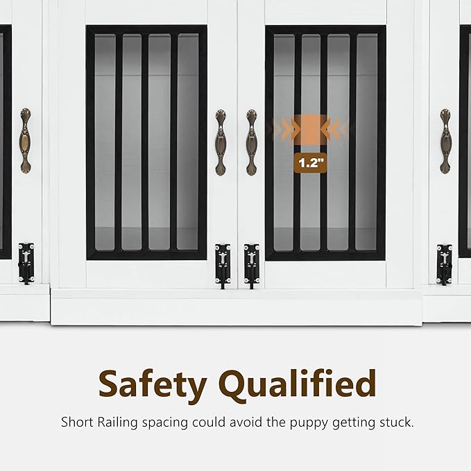 MCombo Wooden Dog Crate Furniture with 4 Drawers and 4 Lockable Doors, Pet Kennel TV Stand for Medium/Large Dogs 1872 (White and Grey)