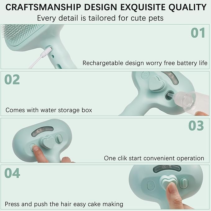 Pet Steam Brush for Cat & Dog – 4-in-1 De-Shedding, Steam Spray, and Self-Cleaning Grooming Tool – Ideal for Long and Short-Haired Pets– Includes 2 Bottles of 120 mL Waterless Shampoo(Green)