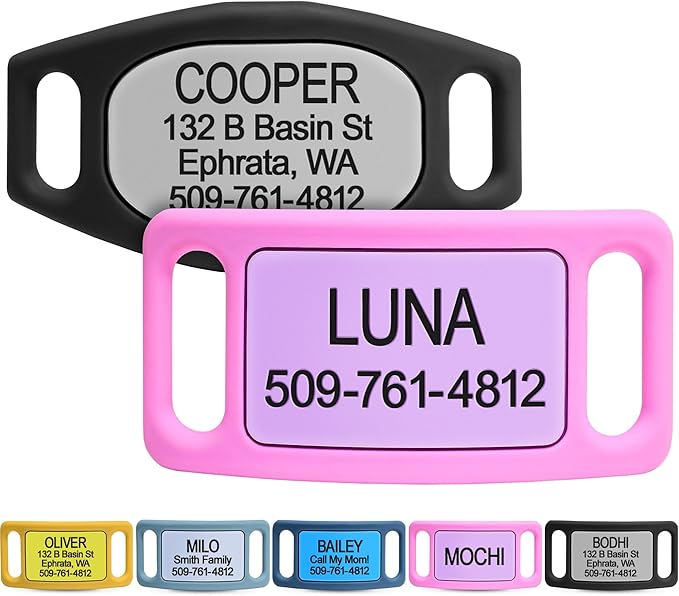GoTags Silicone Slide On Pet ID Tag, Personalized Engraved Colorful Collar Slide Dog Tag Nameplate for Pets, No Noise Quiet Dog Tags Small Medium Large in 5 Colors