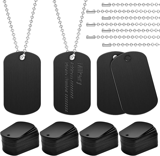 200Pcs Military Dog Tags Set - Rectangle Blank Metal Stamping Tags Including 100Pcs Aluminum & 100Pcs Ball Steel Chains Personalized Pets Tags for DIY Decorative Craft (Black)