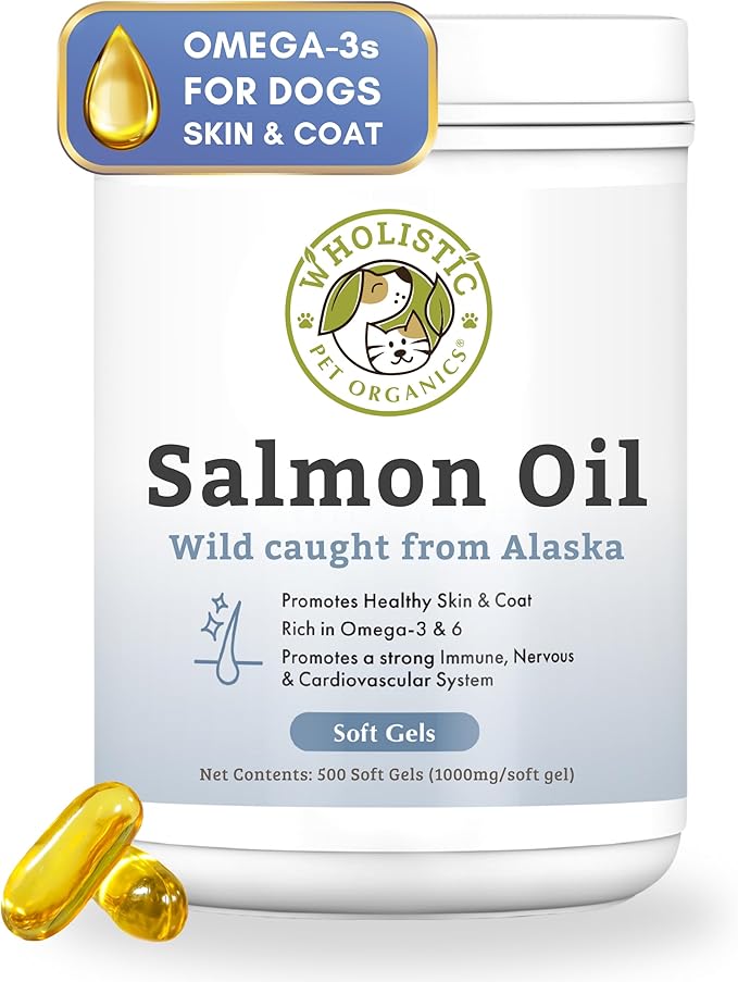Wholistic Pet Organics Wild Alaskan Salmon Oil for Dogs - 500 Soft Gels - Rich Omega 3 Fish Oil with EPA & DHA for Skin, Coat, Joint, and Heart Health - Choice for Dog Skin & Coat Care