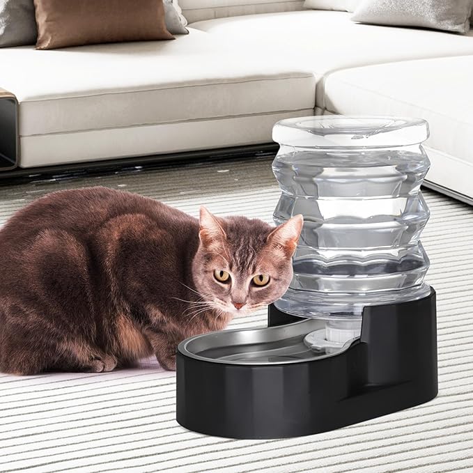 RIZZARI Dog Water Bowl Dispenser: 5L Gravity Black Automatic Stainless Steel Drinking Feeder with Filter for Dogs and Cats
