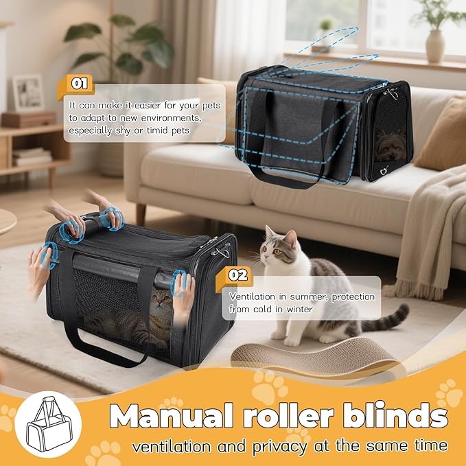 YUDODO 25 lbs Lightproof Soft Sided Large Cat Carrier for Small Pet Dog Airline Approved Travel Bag Puppy Carriers with Side Pockets & Reflective Mesh, Foldable Portable for Outdoor Car Black
