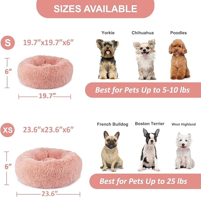 Pink Dog Bed for Small Dogs Machine Washable, Calming Bed for Puppy with Anxiety,19 Inch Round Donut Cute Soft Plush Cuddler Girl Dog Bed for small size dogs with Fluffy Faux Fur,Fits Under 10 lb Pets