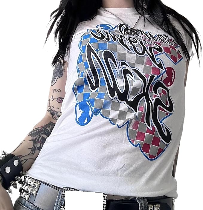 Gothic Tees for Women Y2K Grunge Graphic Short Sleeve Crew Neck T-Shirts 90s Vintage Aesthetic Emo Clothes