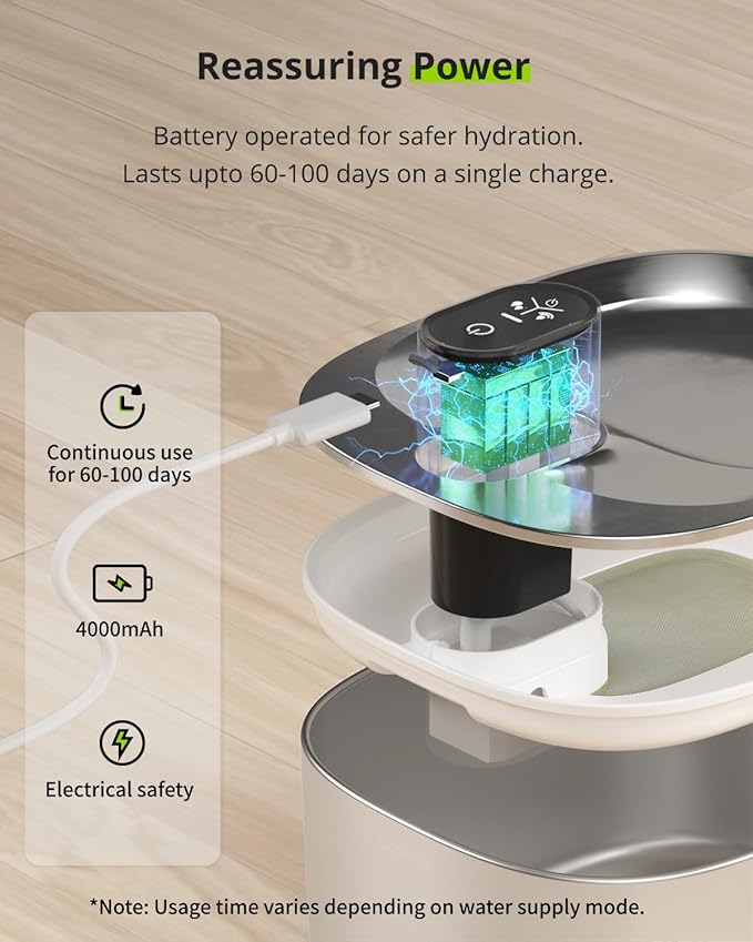 Wireless Cat Water Fountain Stainless Steel,135floz/4L Battery Operated Automatic Pet Fountain,Cordless Cat Water Dispenser Pet Water Fountain for Cats Dogs Pets Outdoor