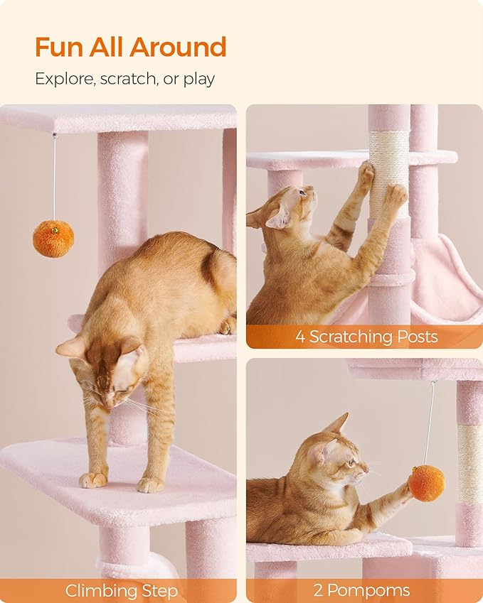 Feandrea Cat Tree, 56.3-Inch Cat Tower for Indoor Cats, Multi-Level Cat Condo with 4 Scratching Posts, 2 Perches, Hammock, Cave, Jelly Pink UPCT161P01