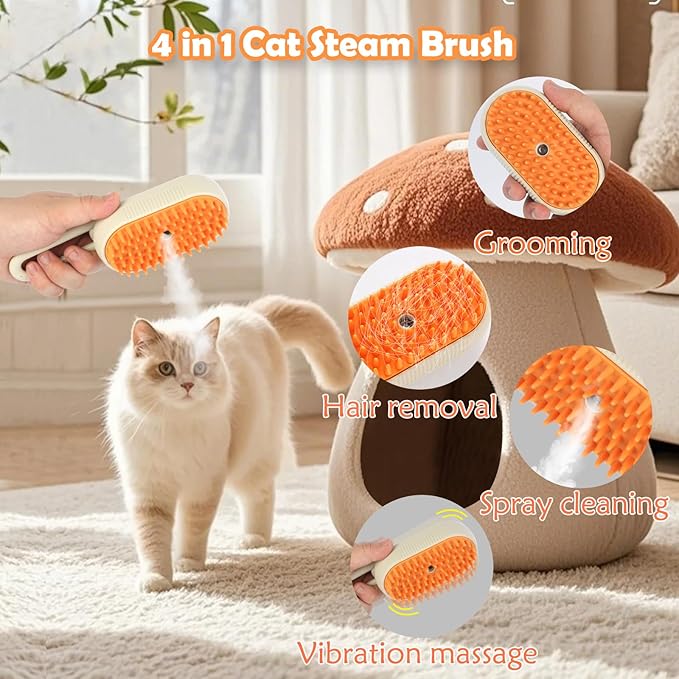 4-in-1 Steam Brush for Cats & Dogs - Grooming Tool with Vibration Massage, 360° Rotation & USB Charging, Pet Hair Remover for Shedding Control, Gentle on Skin