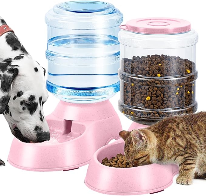 2 Pack Automatic Cat Feeder and Water Dispenser in Set Gravity Food Feeder and Waterer Pet Food Bowl for Small Medium Dog Pets Puppy Kitten Big Capacity 1 Gallon x 2 (Pink)