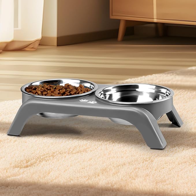 Elevated Cat Bowls - Anti-Vomiting Raised Cat Bowl Stand with 2 Thick Stainless Steel Cat Bowls Non-Slip for Small Medium Indoor Cats & Puppies, Dishwasher Safe Grey