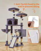 Taoqimiao 56.3-Inch Cat Tree, Cat Tower with Scratching Posts, Cat Tree House for Indoor Cats with hammocks, Toys, Condo and Large Scratch Board, Smoky Gray MS012G