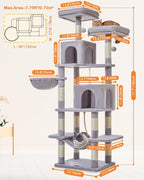 Taoqimiao Cat Tree, 71.7-Inch Cat Tower for Indoor Cats, Plush Multi-Level Cat Condo with 13 Scratching Posts, 2 Perches, 2 Caves, Hammock, 2 Pompoms,Light Gray MS013LW