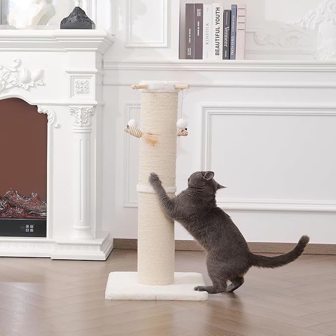 Cat Scratching Post, 32 Inch Large Cat Scratch Post for Adult Cats and Kittens, Nature Sisal with Hanging Toys, Modern Cat Scratcher for Indoor Cats, Protect Your Furniture, Beige