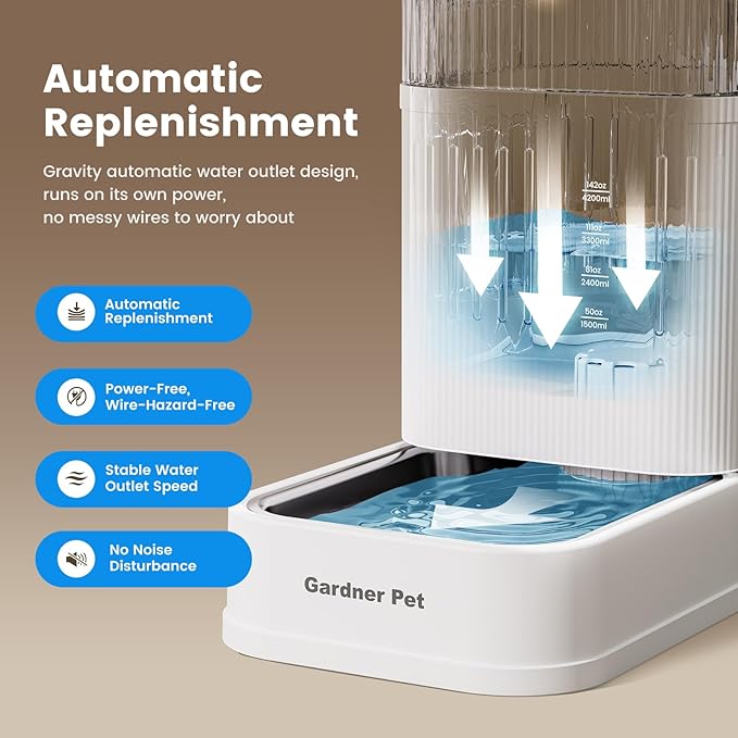 Gardner Pet Automatic Dog Water Dispenser Gravity Waterer with Stainless Steel Bowl Water Dispenser 6.5L Large Capacity Water Feeder for Dogs Cats Pets, BPA-Free Noise-Free (White, 6.5L)