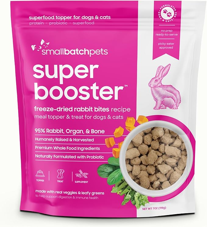 Smallbatch Freeze Dried Dog Treats, Superfood Food Topper Rabbit Bites for Dogs & Cats, Probiotics, Organic Ingredients, High Protein, Grain Free Healthy Treat & Food Topper, Made in the USA, 7 oz Bag