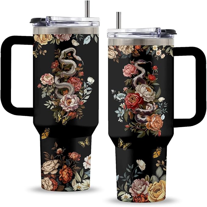 Goth Gifts for Women, 40 Oz Flower of Darkness Tumbler with Handle & Straw, Goth Water Bottle, Birthday Gift for Goths Lover Snake Lovers, Stainless Steel Goths Tumbler, Gifts for Fathers Day