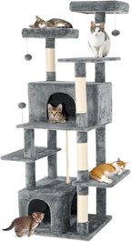 69-Inch Tall Cat Tree with Huge Condos, Multi-Functional Cat Tower with Top Perches, Scratching Posts, Pompoms, for Climbing, Lounging and Playing (Grey)
