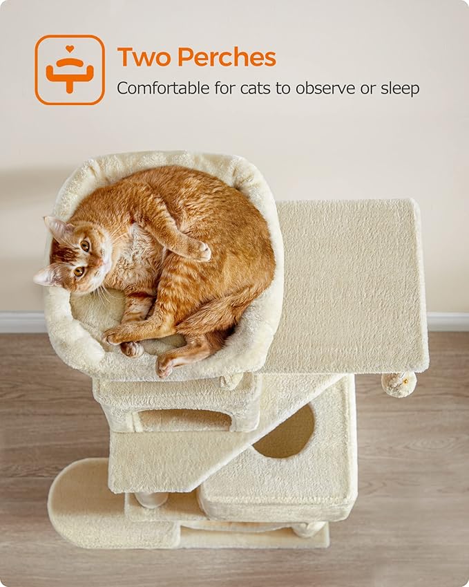 Feandrea Cat Tree, 61-Inch Cat Tower for Indoor Cats, Plush Multi-Level Cat Condo with 5 Scratching Posts, 2 Perches, 2 Caves, Hammock, 2 Pompoms, Beige UPCT192M01