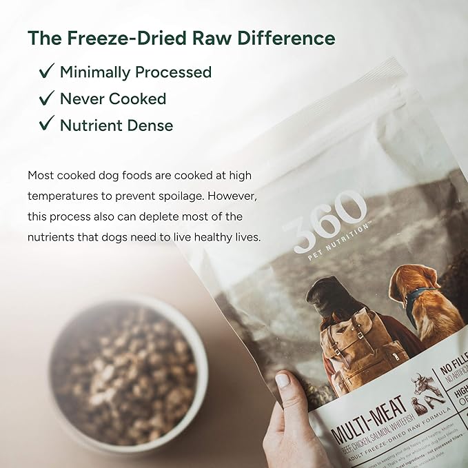 360 Pet Nutrition Freeze-Dried Raw Dog Food – Multi-Protein with Beef, Chicken, Fish, Liver & Organs, High Protein, Omega-3s, Fruits, Veggies & Superfoods, Grain-Free, No Fillers, 1 lb – Made in USA