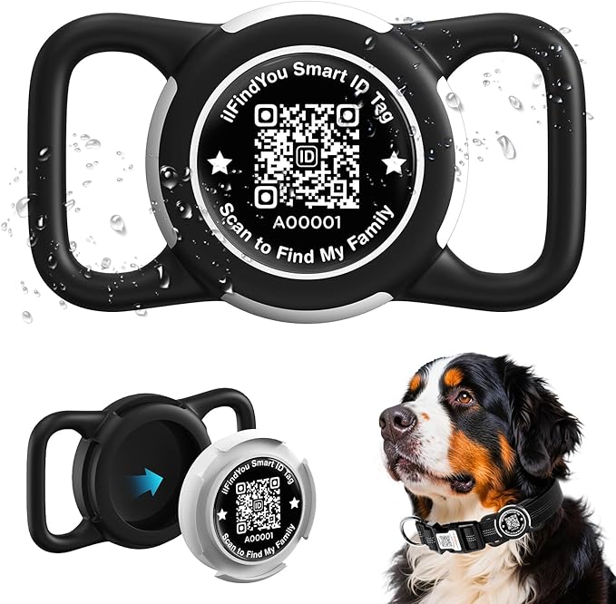 Waterproof AirTag Dog Collar Holder for Apple Tracker QR Code Case Black