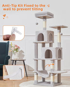 Taoqimiao Cat Tree, 61-Inch Cat Tower for Indoor Cats, Plush Multi-Level Cat Condo with 5 Scratching Posts, 2 Perches, 2 Caves, Hammock, 2 Pompoms, Light Gray MS013SW
