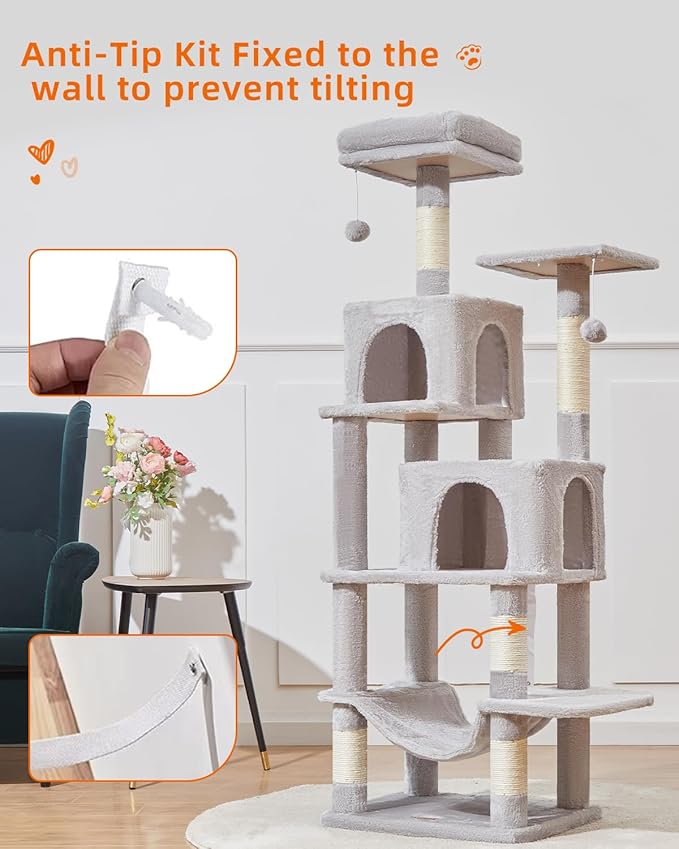 Taoqimiao Cat Tree, 61-Inch Cat Tower for Indoor Cats, Plush Multi-Level Cat Condo with 5 Scratching Posts, 2 Perches, 2 Caves, Hammock, 2 Pompoms, Light Gray MS013SW
