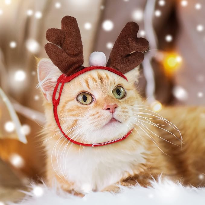 3 Pieces Christmas Pet Costumes Outfit Set Includes Puppy Cat Cloak with Star and Pompoms Kitten Dog Antlers Headband Pet Reindeer Headwear Cat Santa Cape with Bell Pet Costume Accessories (Small)