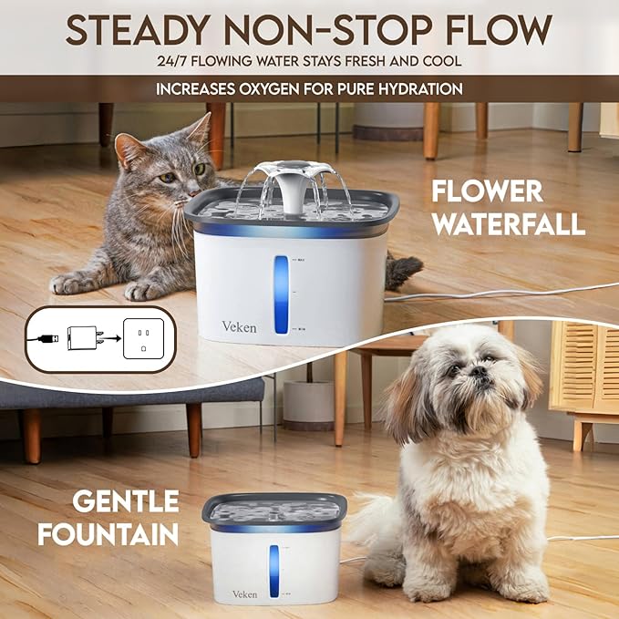 Veken Innovation Award Winner 95oz/2.8L Pet Fountain, Automatic Cat Water Fountain Dog Water Dispenser with Replacement Filters for Cats, Dogs, Multiple Pets (Grey, Plastic)