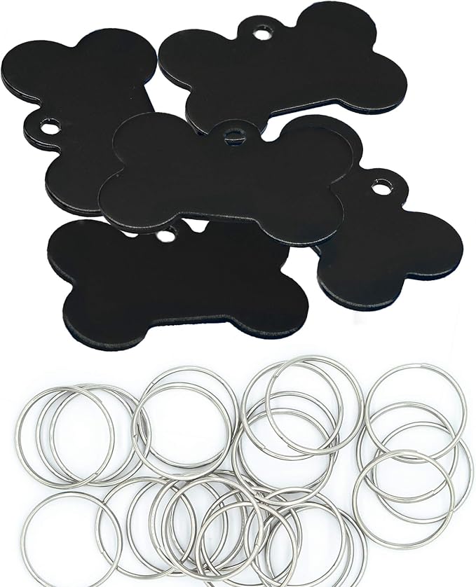 Aluminium Blank Bone Shape Dog ID Tags Pet ID Tags Number Tag with Key Ring 20pcs (Black)