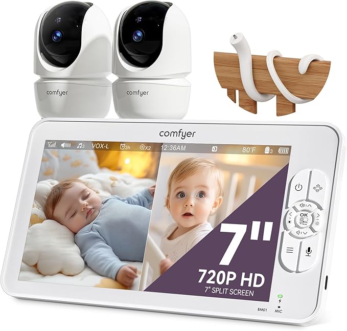 7" HD Split-Screen Baby Monitor with 2 1080P Cameras, 120 Hrs 6000mAh Battery Runs 5 Days in VOX Mode, No WiFi Monitor with a Flexible Bracket, 2 Way Audio, Remote PTZ, Auto Night Vision