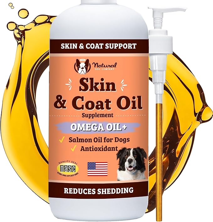Natural Dog Company Skin & Coat Oil (16 oz.), Supports Skin Health, Fish Oil Supplements for Dogs, Soft Coat, Fish Oil & Flaxseed Oil, Fatty Acids, Bottle of Dog Fish Oil with Pump, Antioxidant